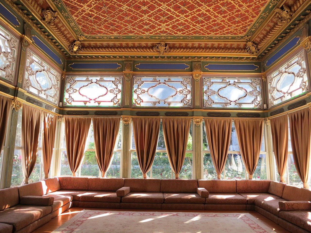 rug, couches, curtains, drapes, windows, ceiling, topkapä± palace, istanbul, brown window, brown couch, rug, rug, curtains, curtains, curtains, curtains, curtains, ceiling, istanbul, istanbul, istanbul